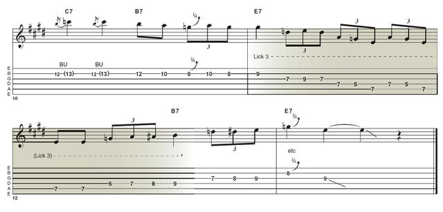 Lick 3: This is a typical minor pentatonic move you'll find in a lot of Clapton's playing. While it could be used as something of a 'filler' lick, it's so Clapton that we've highlighted it. It also pinpoints the underlying chords nicely.